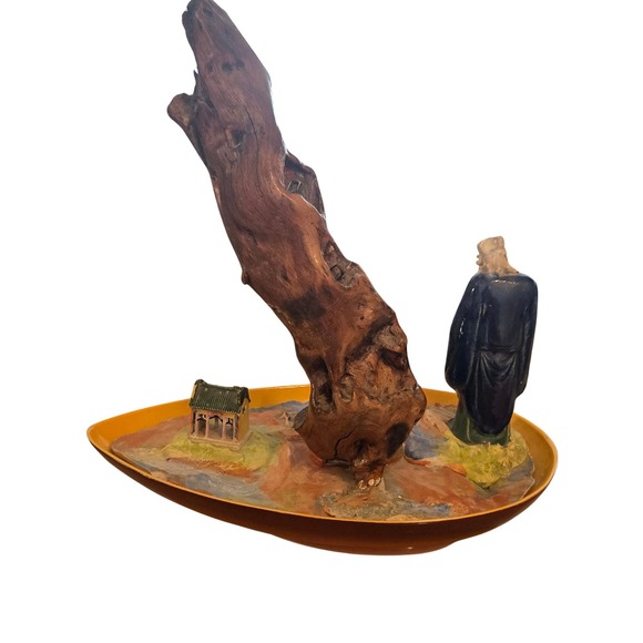 Vintage Chinese Shiwan Mud Man Sage Figurine Driftwood Pagoda Diorama Blue Glaze - Picture 7 of 12